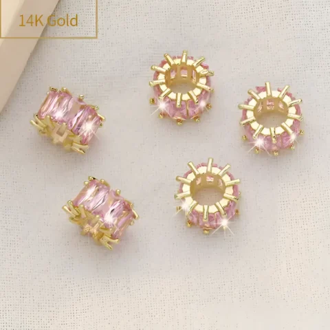 14K Micro inlaid Zircon Barrel Beads Gold