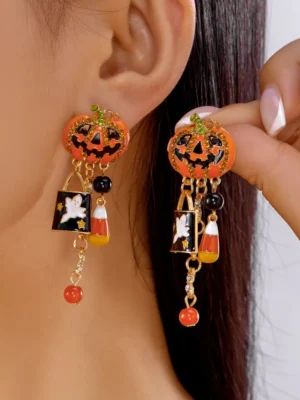 Halloween Pumpkin Head Ghost Stud Earrings2