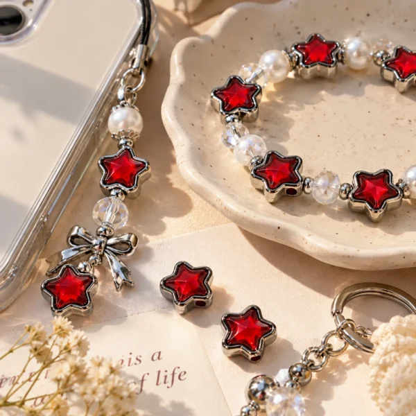 10 PCS 12mm Red Star Beads – Metal Frame Beads
