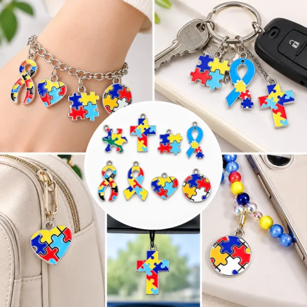 16 PCS Autism Awareness Puzzle Charms – Mixed Alloy Pendants