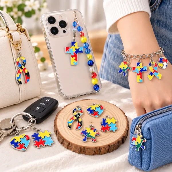16 PCS Autism Awareness Puzzle Charms – Mixed Alloy Pendants