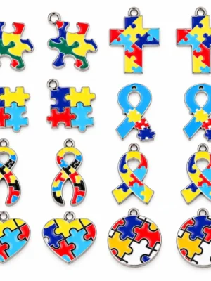 16 PCS Autism Awareness Puzzle Charms – Mixed Alloy Pendants