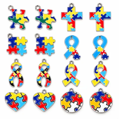 16 PCS Autism Awareness Puzzle Charms – Mixed Alloy Pendants