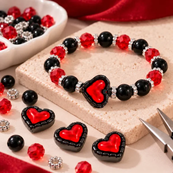 10 PCS Red Heart Beads – Black Frame Beads for Jewelry Making